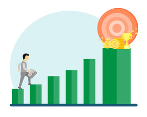 Businessman walking on bar chart to get money which is his target. Business goal concept