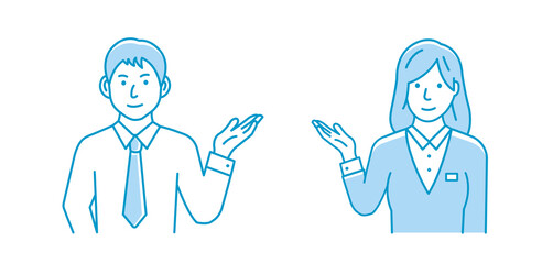 Vector illustration of a young man and woman  introducing or navigating