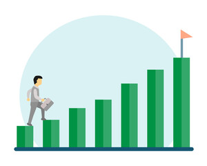 Businessman walking  to get on top of bar chart. Business goal concept