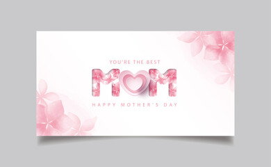 Happy Mother's Day poster and banner template with pink flowers on white background. Vector illustration for women's day, shop, invitation, discount, sale, flyer, decoration.