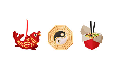 Chinese Culture Symbols with Carp Fish Amulet and Wok Noodle Box Vector Set