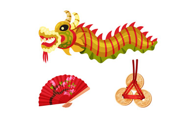 Chinese Culture Symbols with Gold Coin Amulet and Dragon Vector Set
