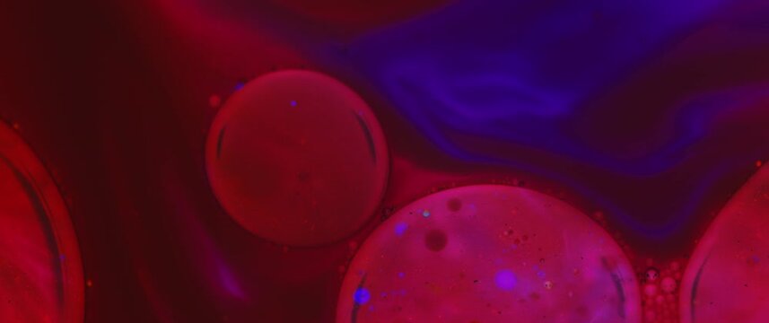 Macro Textures with Vibrant Neon Color Palette. Abstract Background Made with Oil Mixed with Blue and Red Dye, Ink, and Paint.
