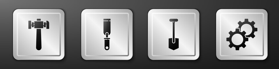 Set Hammer, Rasp metal file, Shovel and Gear icon. Silver square button. Vector