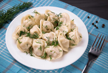 Meat dumplings - Russian dumplings, dumplings with meat on a plate on a black background