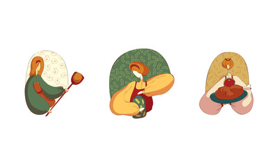 Woman in Apron Baking Bread, Preserving Cucumbers and Holding Roasted Chicken Served on Plate Vector Set