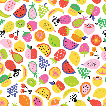 Fruit seamless pattern hand drawn. Vector repeat background for colorful summer fabric. Cute healthy fruit salad abstract paper cut style pineapple lemon banana apple orange strawberry cherry grapes.