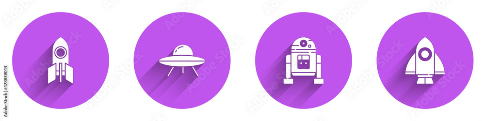 Poster set rocket ship, ufo flying spaceship, robot and icon with long shadow. vector