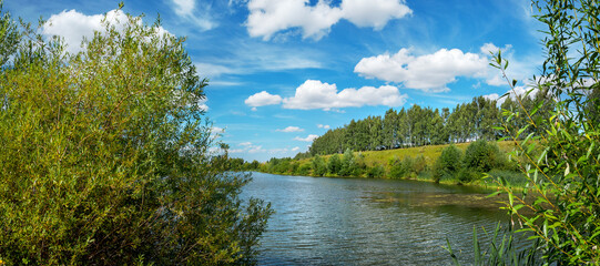 Fototapeta na wymiar Sunny bright landscape with small river and green trees.Beautiful summer nature scene.