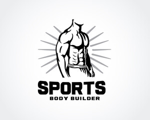 man body muscular fitness athlete gym logo design template vector illustration
