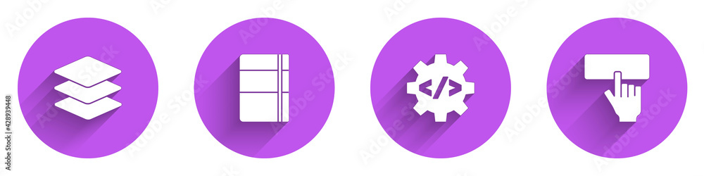 Aufkleber set layers, sketchbook or album, front end development and keyboard icon with long shadow. vector