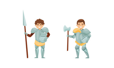 Knight from Middle Ages in Iron Armour Suit Holding Sharp Spear and Ax Vector Set