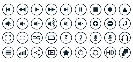 A set of round media player buttons.Navigation control buttons.It can be used in web design, infographics, and other types of design.Flat vector illustration.