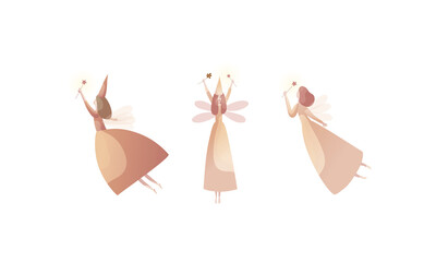 Obraz na płótnie Canvas Tender Fairies in Neat Dresses Fluttering with Magic Wand Vector Set