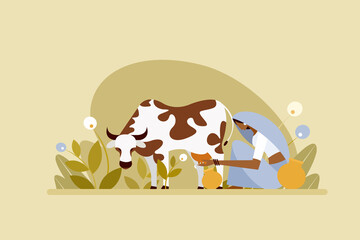 Illustration of an Indian village woman milking a cow in the outdoor