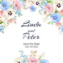 Vector invitation or greeting card with pink, blue and white pansy flowers, lisianthus flowers and forget-me-not flowers.