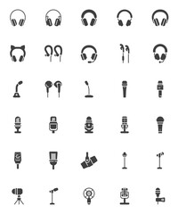 Headphones and microphone vector icons set