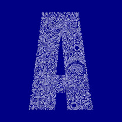 Letter A of the English alphabet assembled from an ornament imitating the pattern of ice on the window. A font for winter and romantic print materials, as well as for creating banners and backgrounds.