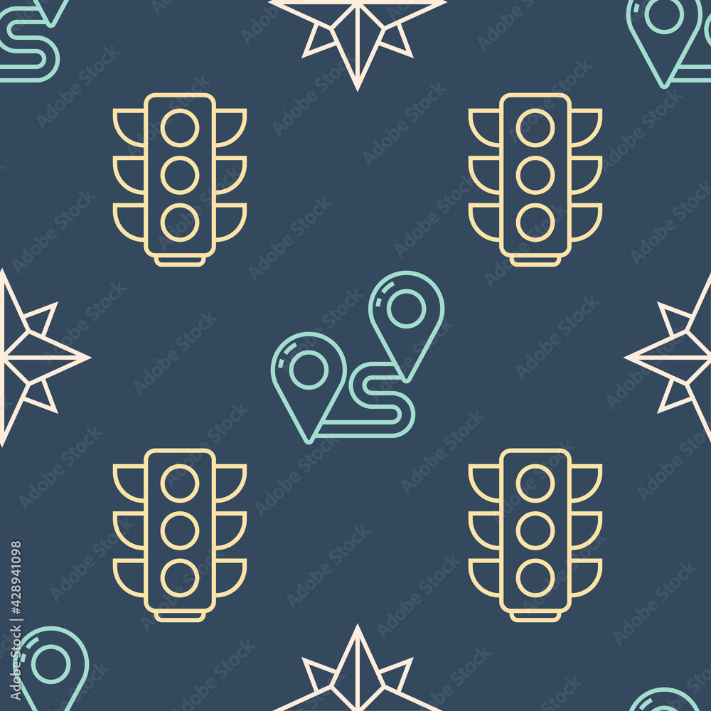 Poster set line wind rose, traffic light and route location on seamless pattern. vector