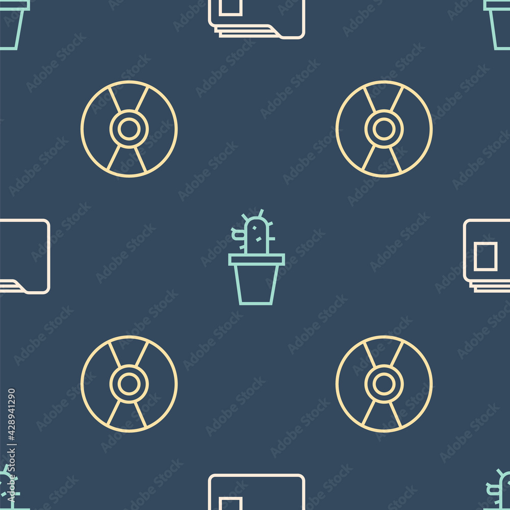 Poster set line document folder, cd or dvd disk and cactus and succulent in pot on seamless pattern. vector