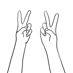 Vector peace hand symbol. Hand drawn illustration. Two hands. Black and white.