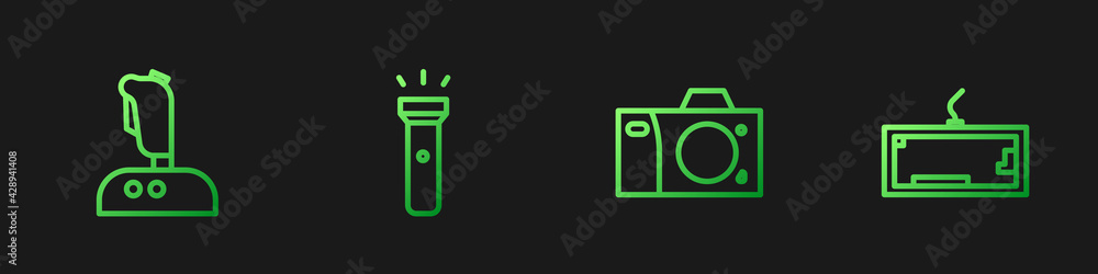 Poster set line photo camera, joystick for arcade machine, flashlight and keyboard. gradient color icons. v