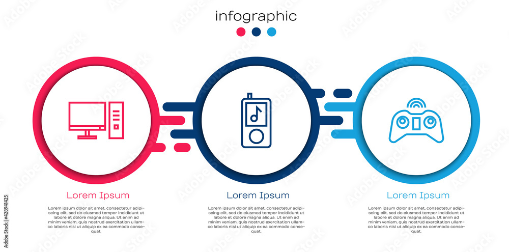 Aufkleber set line computer monitor, music player and wireless gamepad. business infographic template. vector