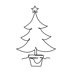 Continuous one line of christmas tree in silhouette. Minimal style. Perfect for cards, party invitations, posters, stickers, clothing. Black abstract icon. Winter concept