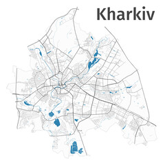 Detailed map of Kharkiv city, Cityscape. Royalty free vector illustration.