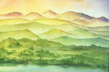 Green landscape - panoramic illustration of beautiful countryside hills with forest in morning fog, with sunrise in mountains by the sea. Watercolor hand drawn painting illustration.	