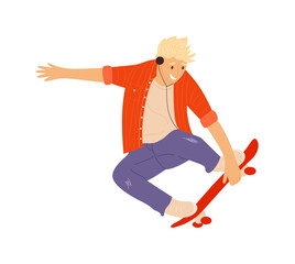 Young skateboarder jumping doing trick isolated on white