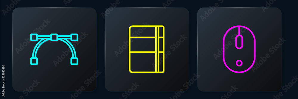 Poster set line bezier curve, computer mouse and sketchbook or album. black square button. vector