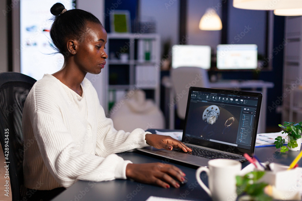 Poster workaholic blackwoman drawing cad technical prototype developing modern shape using engineering tech