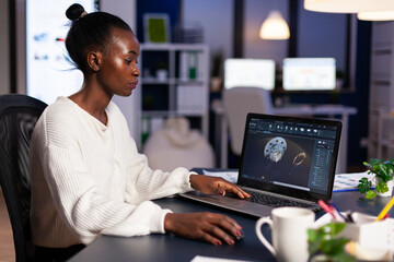 Workaholic blackwoman drawing cad technical prototype developing modern shape using engineering...