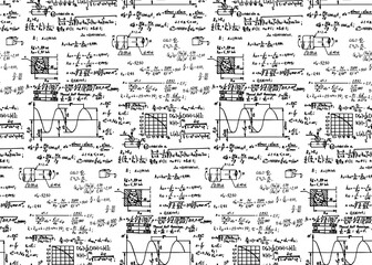 Physics seamless pattern with the equations, figures, schemes, formulas and other calculations on whiteboard. Vintage scientific and educational handwritten vector background.