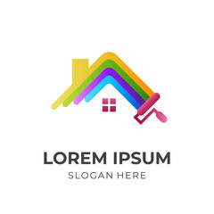 repair house logo, house and paint, combination logo with 3d colorful style