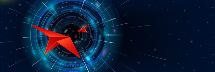 Red paper plane speed competition to aim for success goal, Abstract technology dark blue background, Futuristic concept