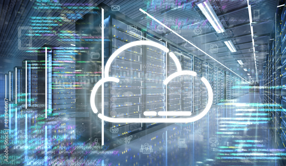 Poster cloud icon in a server room data center - 3d rendering