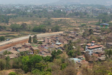 View of Gandharpale village and Mahad city from the caves, Mahad, Raigad, Maharashtra, India.