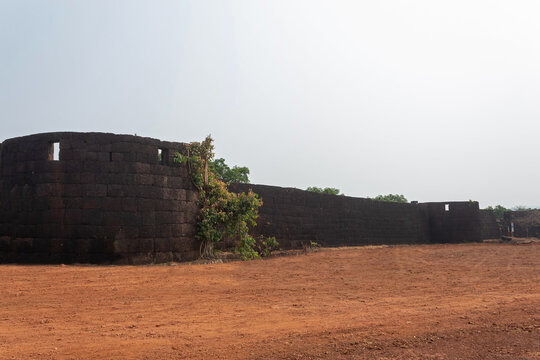 Bastions and outer walls of  Gopalgad Fortor  Anjanvel Fort.  Captured by the King Shivaji from Mohammed Adil Shahin 1660 AD. Anjanwel, Maharashtra, India.