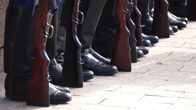 Formation of soldiers in dress parade uniform. National holiday&ndash;Victory day. Military parade.

