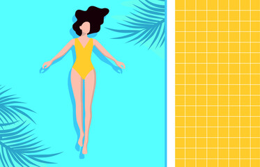Young woman swim in a pool. Women chilling, enjoy summer and relax. Top view. Vector illustration