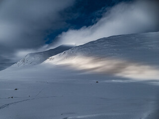 snowy winter landscape of Sarek national park in swedish lappland