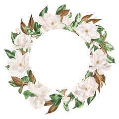 Hand drawn watercolor floral frame of flowers white magnolia and green leaves. Perfect for creating cards, invitations, wedding design.
