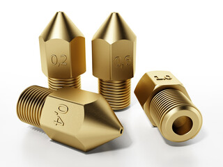Brass 3D printer nozzles isolated on white background. 3D illustration - obrazy, fototapety, plakaty