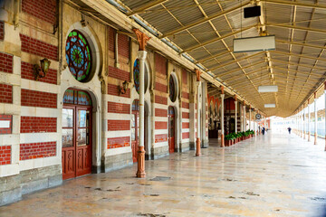 View of historic building of Sirkeci railway Terminal in Ottoman architectural style and empty...