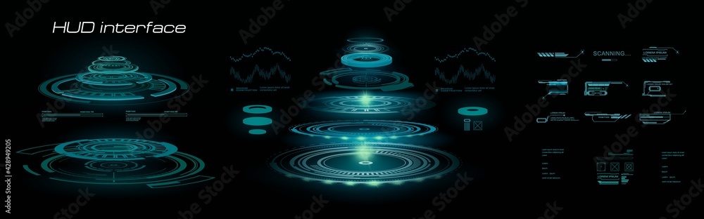 Poster holographic portals wich hud interface. interactive digital panel for user interface hud, gui, ui. p