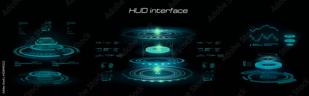 Poster hud interface with holographic portals. interactive digital panel for user interface hud, gui, ui. p