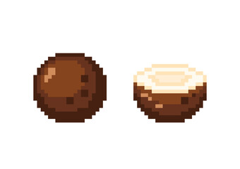 Pixel art coconut icon set. Pixel retro game coconut and half coconut icons. 8 bit or 16 bit style coconut icon for game or web design. Flat cute pixel tropical vector symbol.
