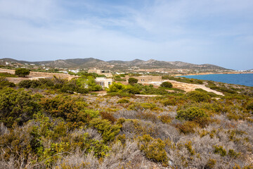 Fototapeta na wymiar Antiparos coast. Summer villas overlooking the sea. Cyclades islands, Greece